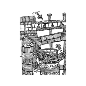 Los puentes, las chimeneas y los trabajadores en la fábrica